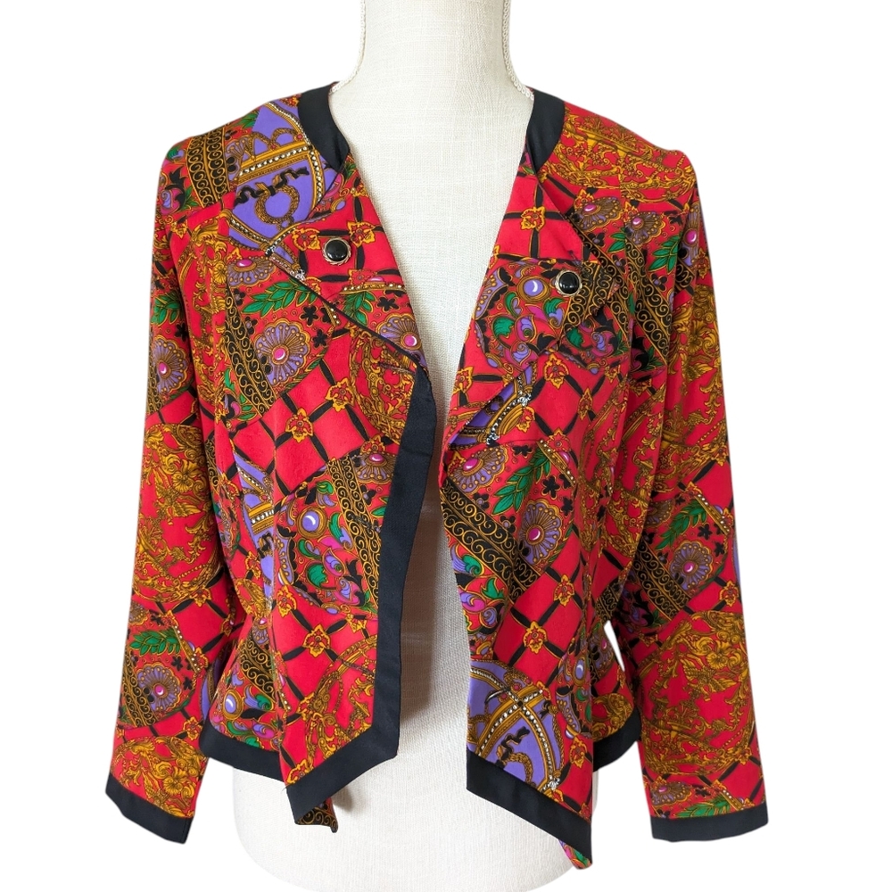 Vintage Andrea Gayle Petite Baroque Satin Chain Print Jacket Red Gold Maximalist